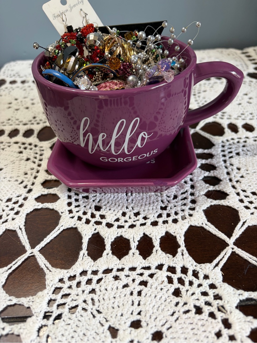 Hello Gorgeous Purple Ceramic Teacup Planter with Saucer Filled w/ 1 LB Jewelry